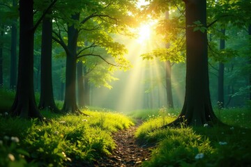 Obraz premium A serene forest scene with sunlight filtering through the trees, sunlight, nature