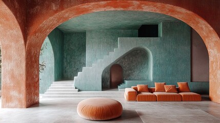 a modern interior with arched openings and orange furniture.