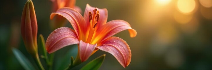 A single African lily with dew-kissed petals and soft light, blooming flower, delicate petals, soft light