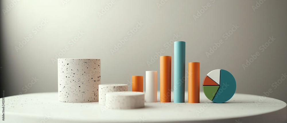 Poster Minimalistic financial concept with colorful bar graphs and pie chart on white table
