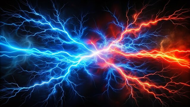 Dramatic Clash of Blue and Red Lightning Bolts - Abstract Energy Stock Photo