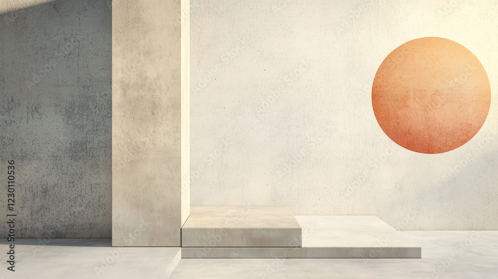 Poster minimalist architectural design with geometric shapes, soft textures, and warm orange circle on neut