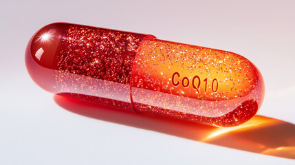 Bright red-orange CoQ10 softgel capsule with vibrant sparkling beads inside, symbolizing energy, vitality, and health.