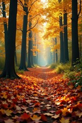 Colorful carpet of fallen leaves in the woods, forest, , rustic