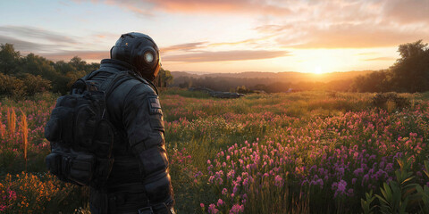 Exploration at dawn in a vibrant meadow filled with wildflowers under a breathtaking sunrise. Generative AI