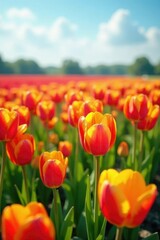 Colorful tulip fields swaying gently in spring wind, green, spring