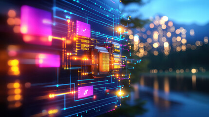 Fototapeta premium vibrant digital circuit board with glowing components, showcasing technology and innovation against blurred natural background