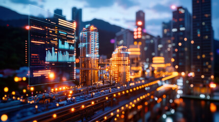 vibrant cityscape featuring illuminated buildings and digital data overlays, showcasing blend of technology and urban life. scene captures essence of modernity and innovation
