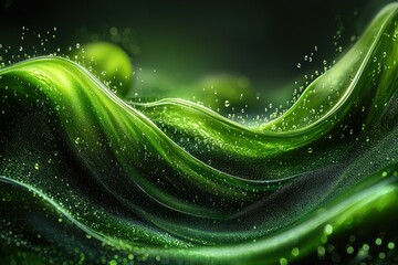 Flowing green liquid waves with bubbles on a dark background, ideal for abstract projects