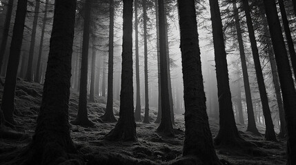 Black and White Foggy Forest with Twisted Trees