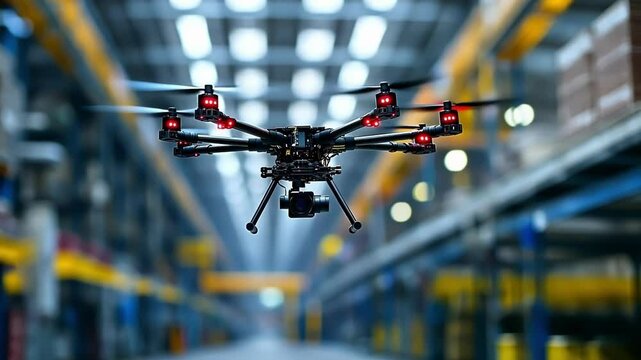 A precisionguided drone hovering close to an assembly line equipped with advanced 5G circuitry for navigation and communication capturing detailed images of the production process below.
