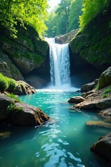 Fototapeta premium Crystal clear river flowing through a waterfall, waterfall, green