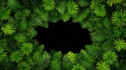 Tropical Leaf Frame: Lush green tropical leaves form a vibrant, circular frame, creating a natural border with a dramatic black center, perfect for adding text or images.