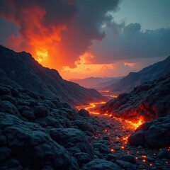 Fototapeta premium Fiery orange blaze consumes rocky terrain in the distance, fiery, Blaze, burning