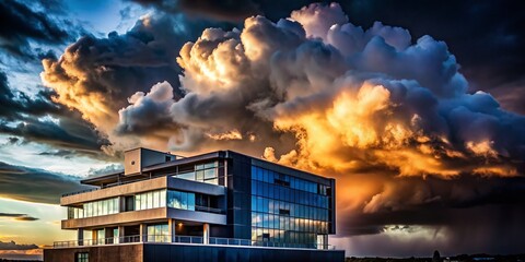 Dramatic Sky Architecture: Dark Clouds & Single White Cloud over Modern Building