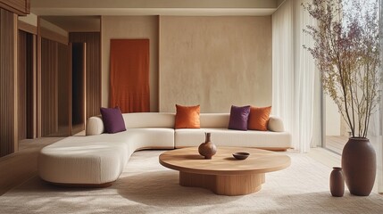 A modern living room with a white couch and round coffee table.