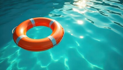 Orange life preserver floats on turquoise water, sunbeams dappling surface , peaceful, summer