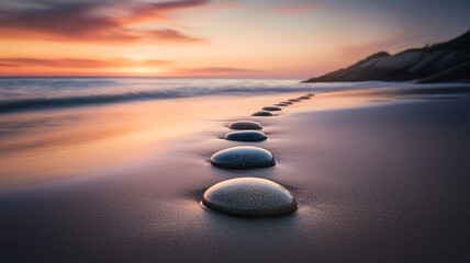 Serene sunset over a tranquil beach with smooth pebbles leading to gentle waves and soft clouds