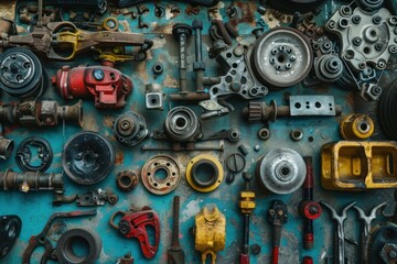 Mechanic is displaying used spare parts on a blue wall in a workshop