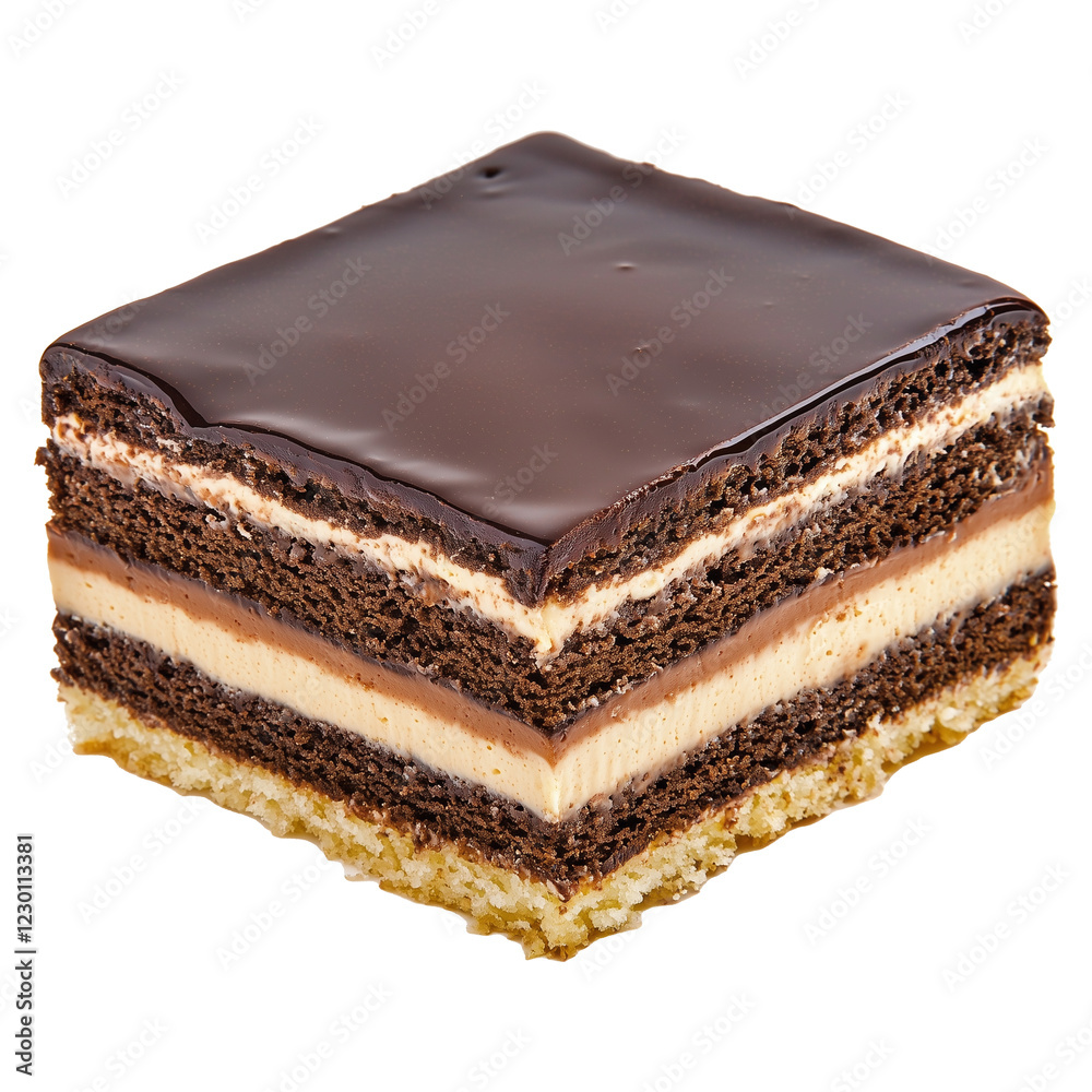 Poster slice of layered opera cake with chocolate glaze, cream, and sponge layers, isolated on transparency
