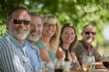 Obraz premium group of adults enjoying cheerful outdoor gathering with wine under green canopy