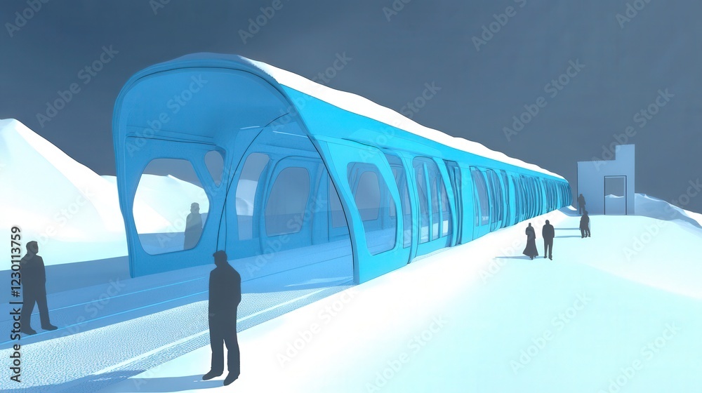 Wall mural Futuristic train station design in a snowy landscape with passengers waiting and mountains in background