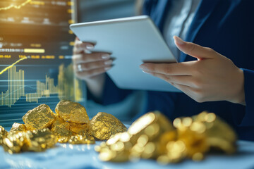 businesswoman analyzing gold investment data on tablet, with gold nuggets and financial charts in foreground