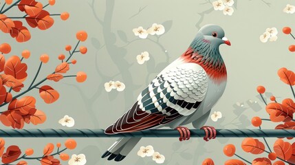 Obraz premium A vibrant pigeon perched on a wire surrounded by autumn leaves and blossoms in a serene setting