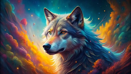Dreamy Surreal Wolf Portrait Vibrant Colors Fantasy Animal Art