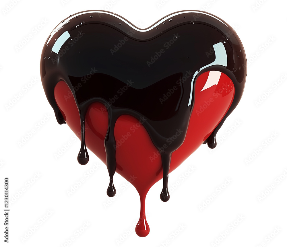 Poster glossy red heart dripping with black liquid, symbolizing emotion and intensity, isolated on transpar