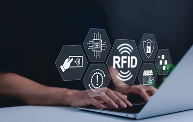 RFID, radio frequency identification technology, and digital security concepts. RFID interface...