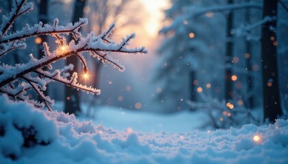 Frosty branches adorned with sparkling lights, starry, dawn, snow forest
