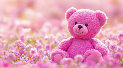 Fototapeta premium Adorable pink teddy bear sitting in a blooming flower field for romantic gifts, children's toys, and Valentine's Day promotions