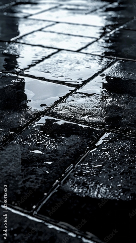 Poster glistening black tiles create a mesmerizing reflection as rainwater pools on the surface. the urban 
