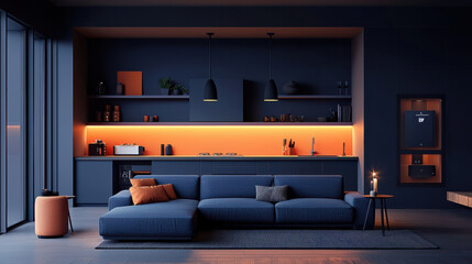 modern living room featuring cozy blue sofa, warm orange lighting, and sleek kitchen elements, creating inviting atmosphere for relaxation