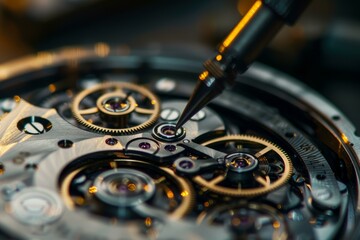 Watchmaker carefully using a tool to make a delicate repair on the intricate mechanism of a wristwatch