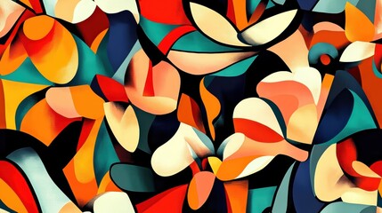 Colorful Seamless Pattern Featuring Abstract Floral Shapes, Vibrant Geometric Elements, Modern Artistic Design, Stylish Decorative Background