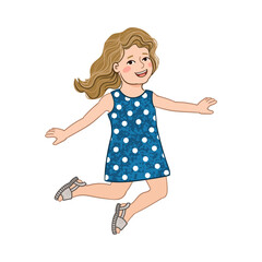 Vector Colorful Illustration of Happy Girl Jumping Isolated on White Background