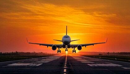 An aeroplane landing on a runway with a bright orange, sunset sky
