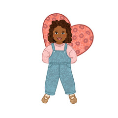 Vector Colorful Illustration of Little Girl Holds a Heart-Shaped Picture Behind Her Back Isolated on White Background