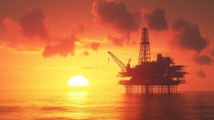 Obraz premium Silhouette of Oil Rig Against Vibrant Sunset Over Calm Ocean