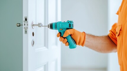 Handyman Repairing Door, skilled technician adjusting hinges with power drill, showcasing expertise in home maintenance, focused on precision and efficiency in fix.