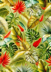 seamless pattern of tropical leave, poster and banner or wall paper, flyer style green leaf