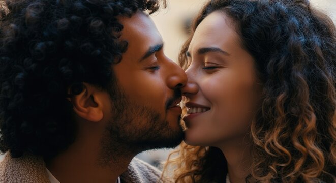 Romantic close-up of happy interracial couple sharing a tender moment outdoors