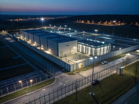 Drone View of Secure Server Farm, Data Center Protection, Cloud Security Infrastructure, Aerial Shot of Cyber Defence