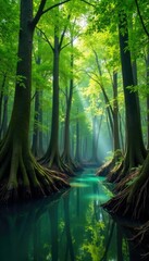 Mangrove forest with towering tree trunks and tangled undergrowth, branches, green