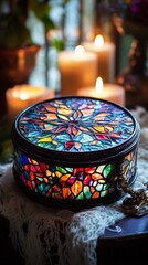 Stained Glass Trinket Box with Candles in the Background