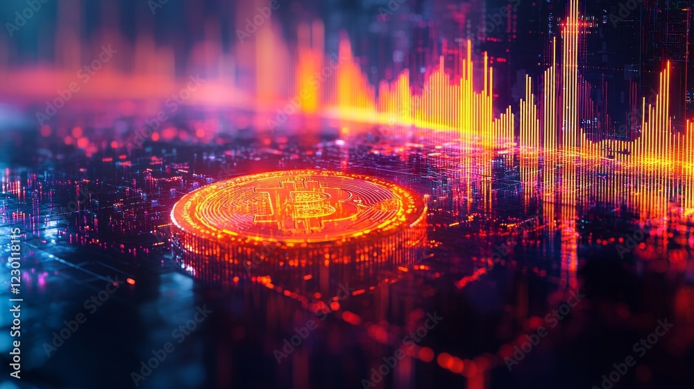 Poster Illuminated bitcoin rests on a reflective surface, surrounded by dynamic colors and abstract digital patterns. This captivating scene conveys the brilliance and energy of modern finance
