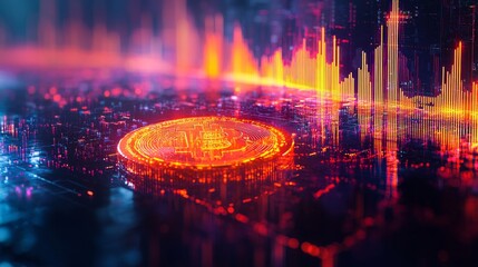 Illuminated bitcoin rests on a reflective surface, surrounded by dynamic colors and abstract digital patterns. This captivating scene conveys the brilliance and energy of modern finance