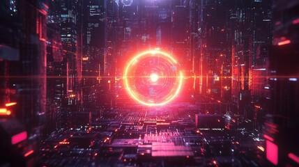 Fototapeta premium 2025 Futuristic Digital Network AI Satellite Imagery Glowing Circle Cyberpunk Cityscape